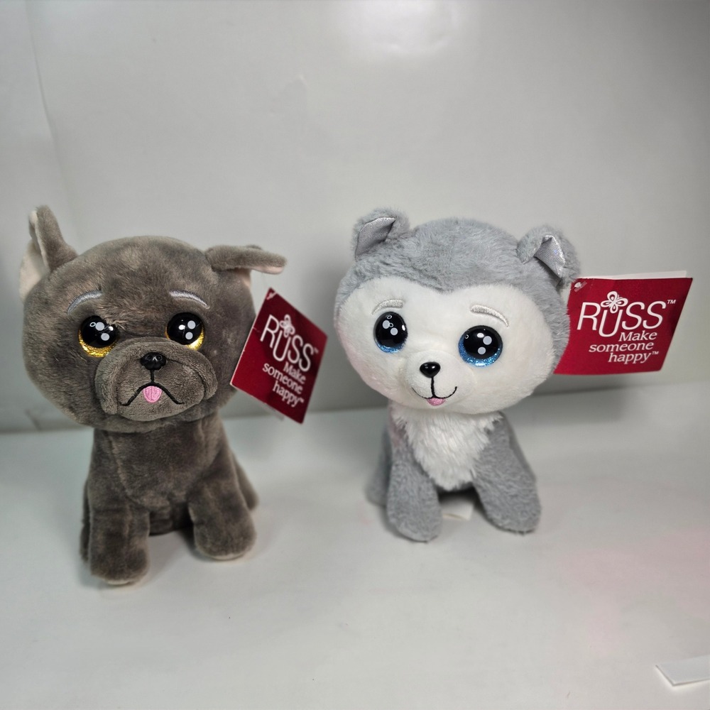 Russ Lil Peepers Dog Plush Lot 8 Inch NWT Pug Husky Gray Glitter Sparkle Eyes